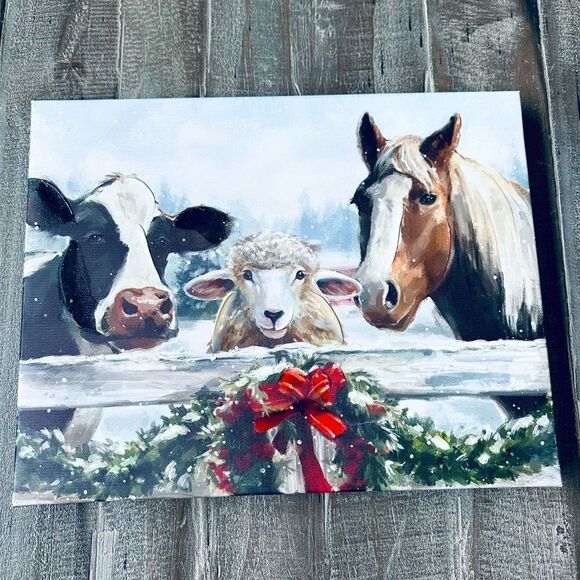 Farmhouse Cow Horse Sheep Christmas Holiday Winter Portrait Wall Decor - Picture 1 of 3